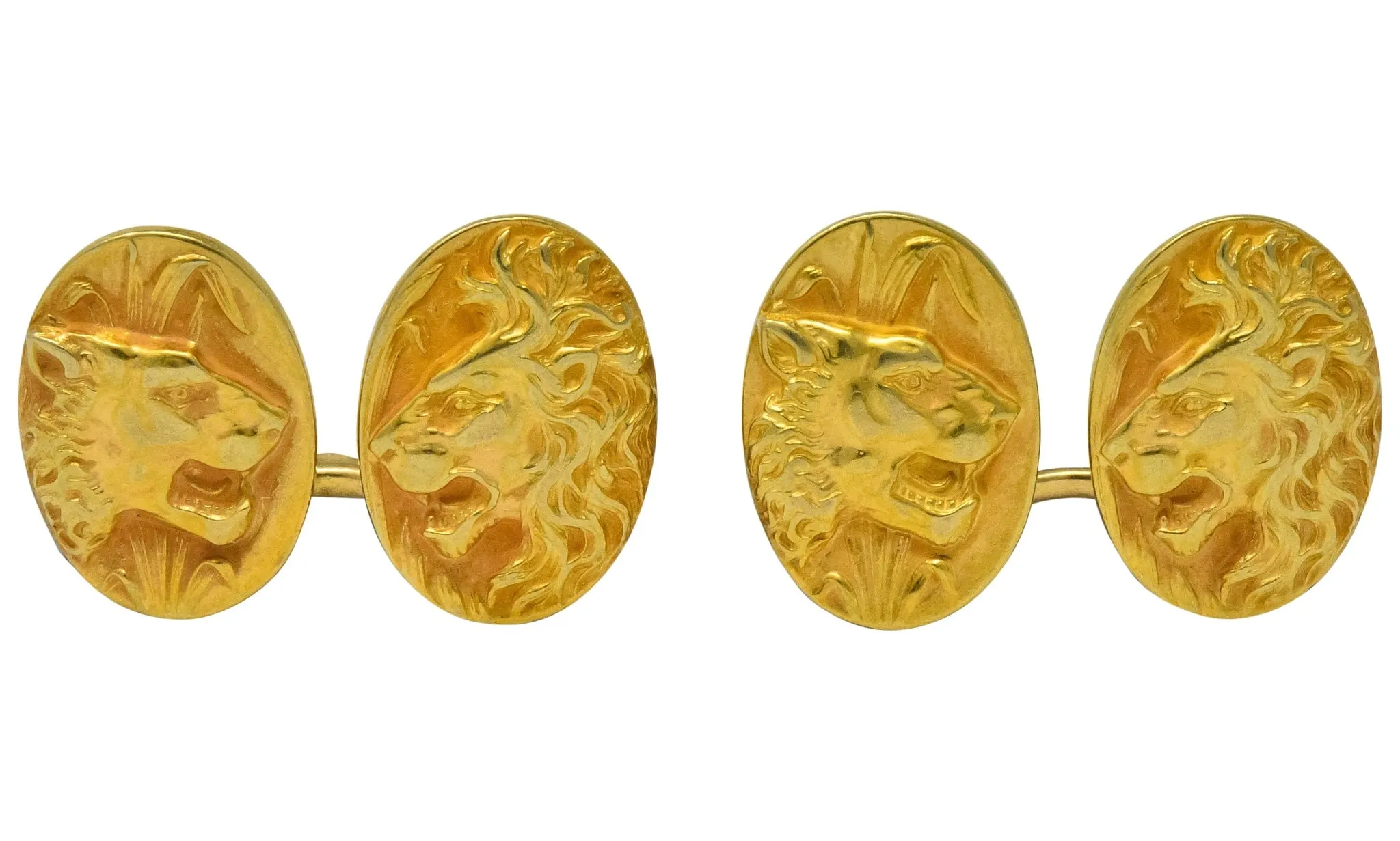 Fine Art Nouveau 14 Karat Gold Lion & Lioness Cufflinks