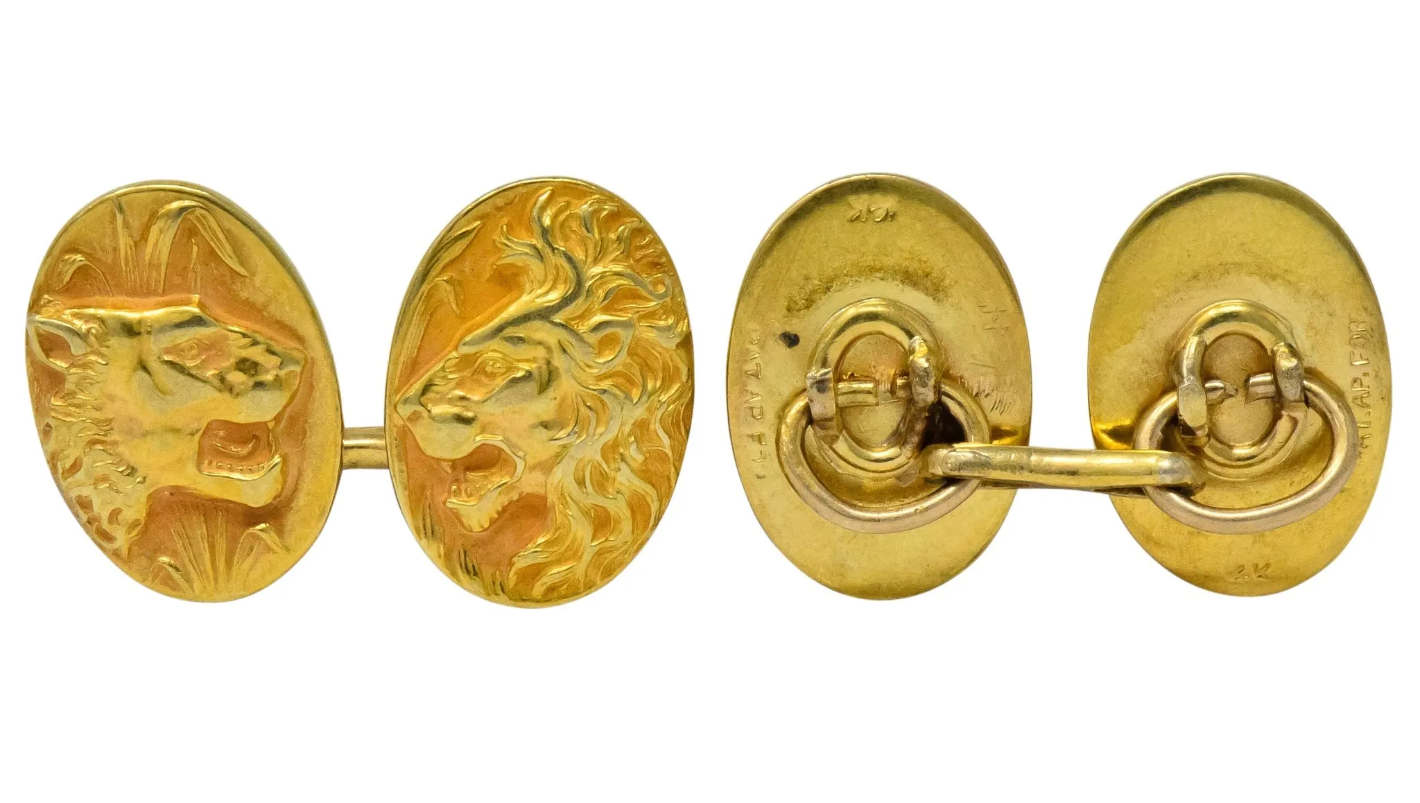 Fine Art Nouveau 14 Karat Gold Lion & Lioness Cufflinks