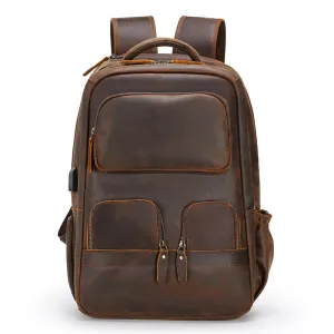 Full Grain Leather Backpack with USB Port Large Capacity Laptop Backpack School Backpack