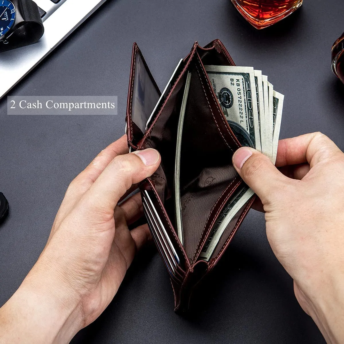 Genuine Leather Bifold Wallet/Credit Card Holder for Men-Brown