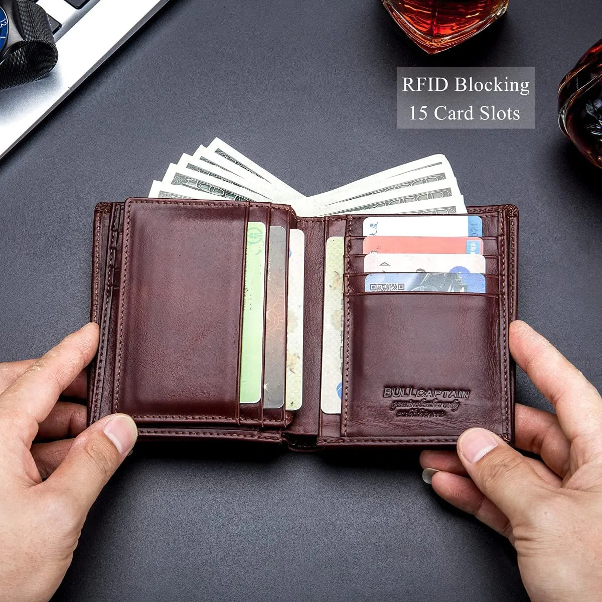 Genuine Leather Bifold Wallet/Credit Card Holder for Men-Brown