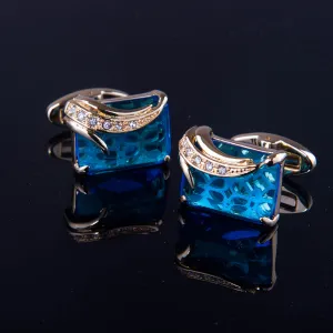 Gold   Light Blue Mens Stainless Steel Squares Cufflinks for Shirt with Box - Hand Crafted Perfect