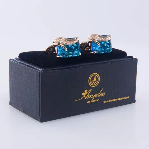 Gold   Light Blue Mens Stainless Steel Squares Cufflinks for Shirt with Box - Hand Crafted Perfect