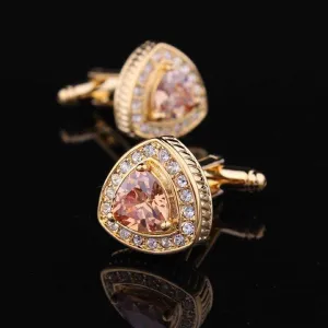 Gold with Orange Stone Mens Stainless Steel Triangle Cufflinks for Shirt with Box - Hand Crafted