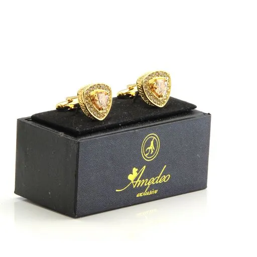 Gold with Orange Stone Mens Stainless Steel Triangle Cufflinks for Shirt with Box - Hand Crafted