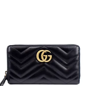 GUCCI GG Marmont Matelasse Chevron Leather Zip Around Wallet Black 443123