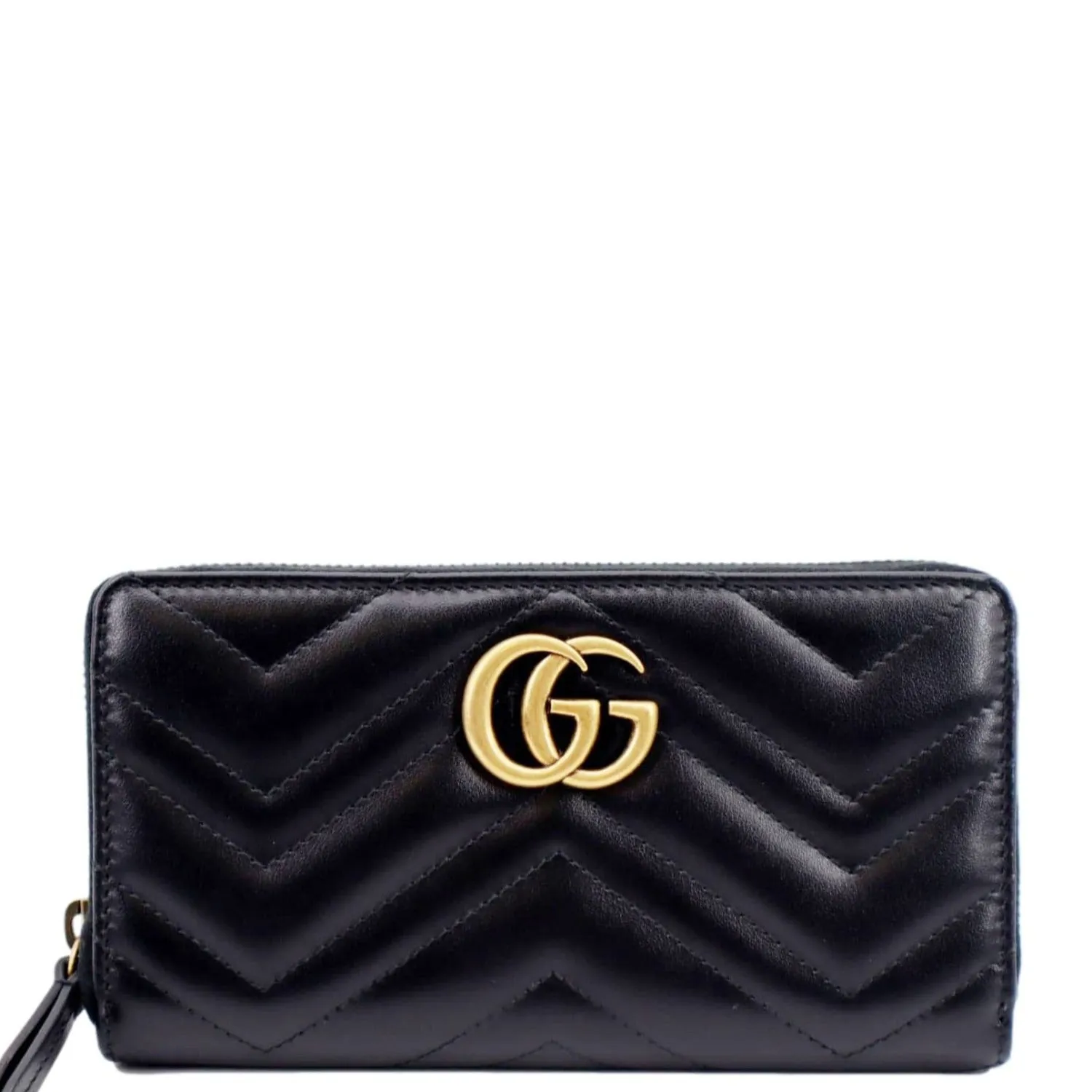 GUCCI GG Marmont Matelasse Chevron Leather Zip Around Wallet Black 443123