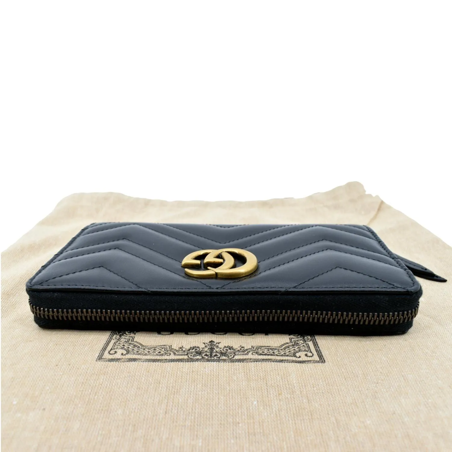 GUCCI GG Marmont Matelasse Chevron Leather Zip Around Wallet Black 443123