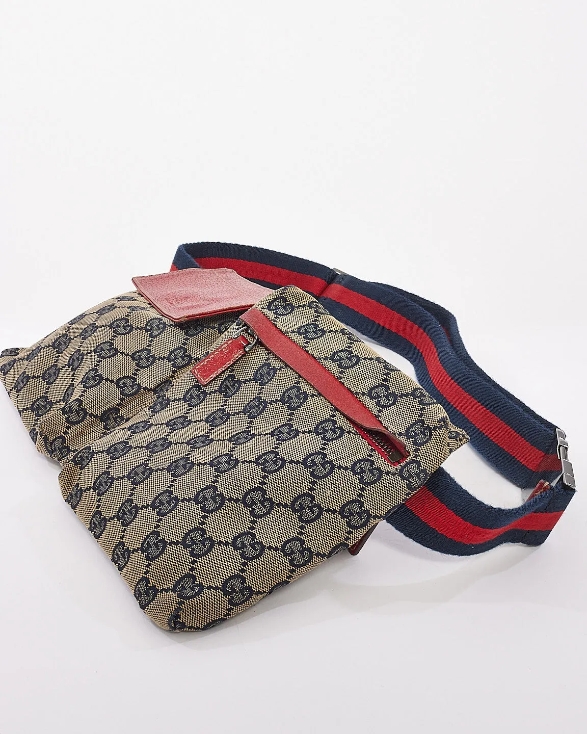 Gucci Red & Navy GG Monogram Web Double Pocket Belt Bag