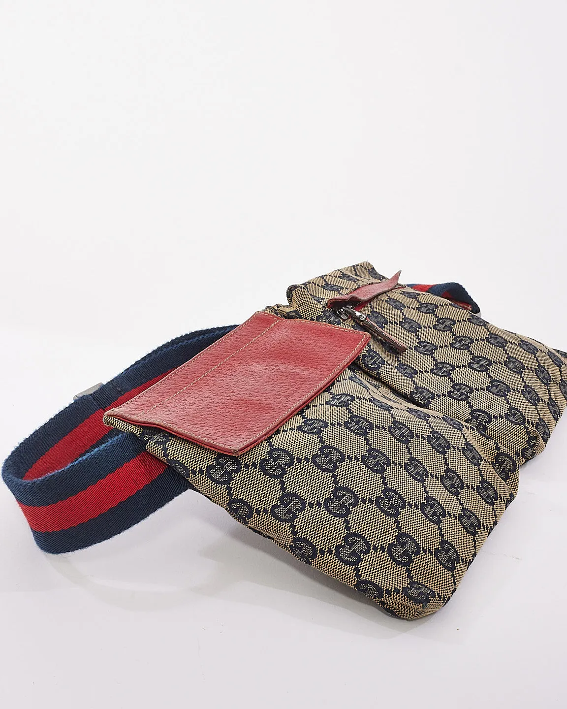 Gucci Red & Navy GG Monogram Web Double Pocket Belt Bag