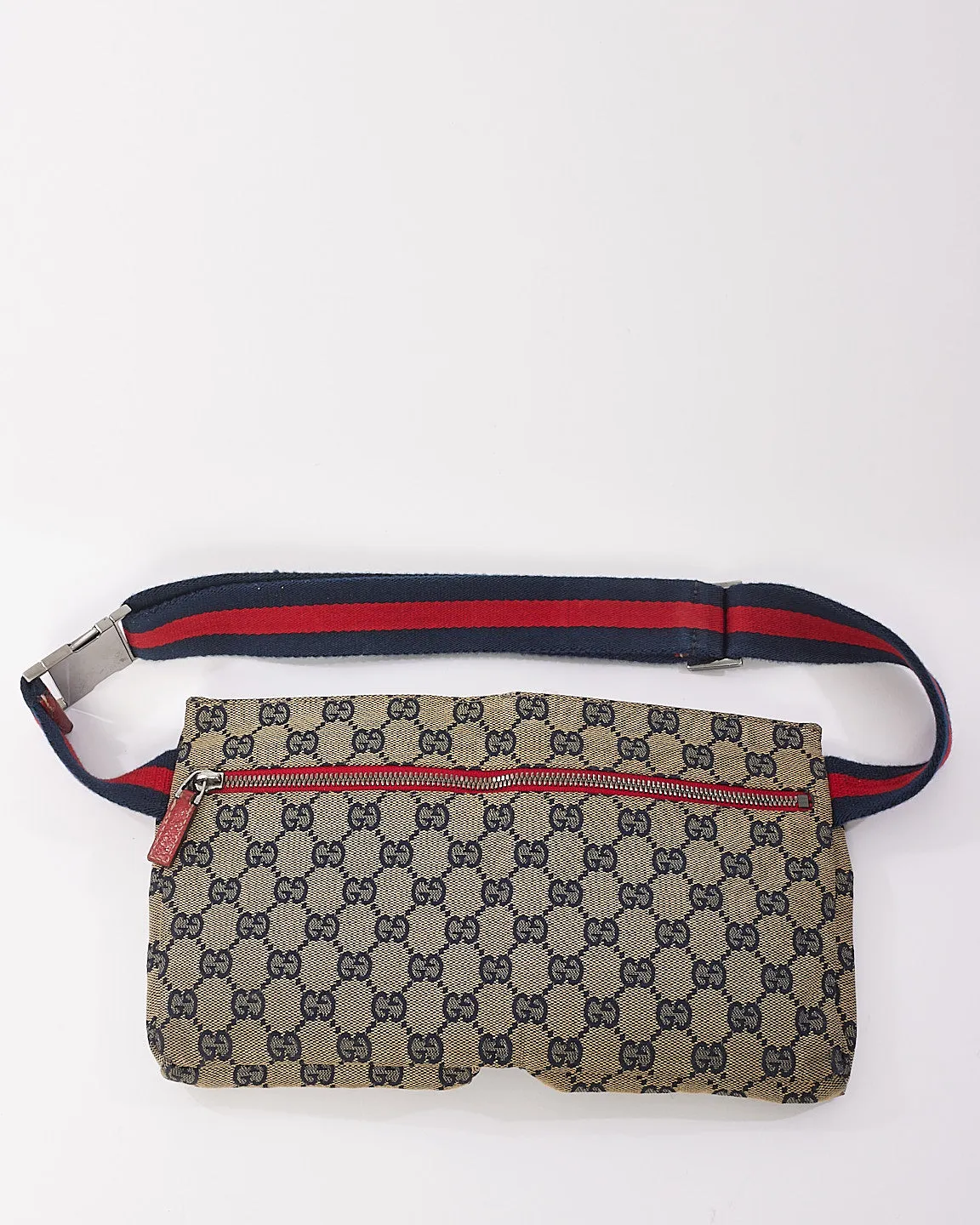 Gucci Red & Navy GG Monogram Web Double Pocket Belt Bag