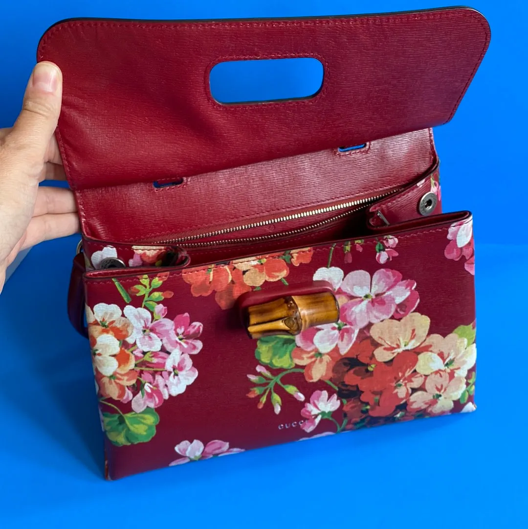 Gucci Red Blooms Printed Leather Bamboo Daily Top Handle Bag