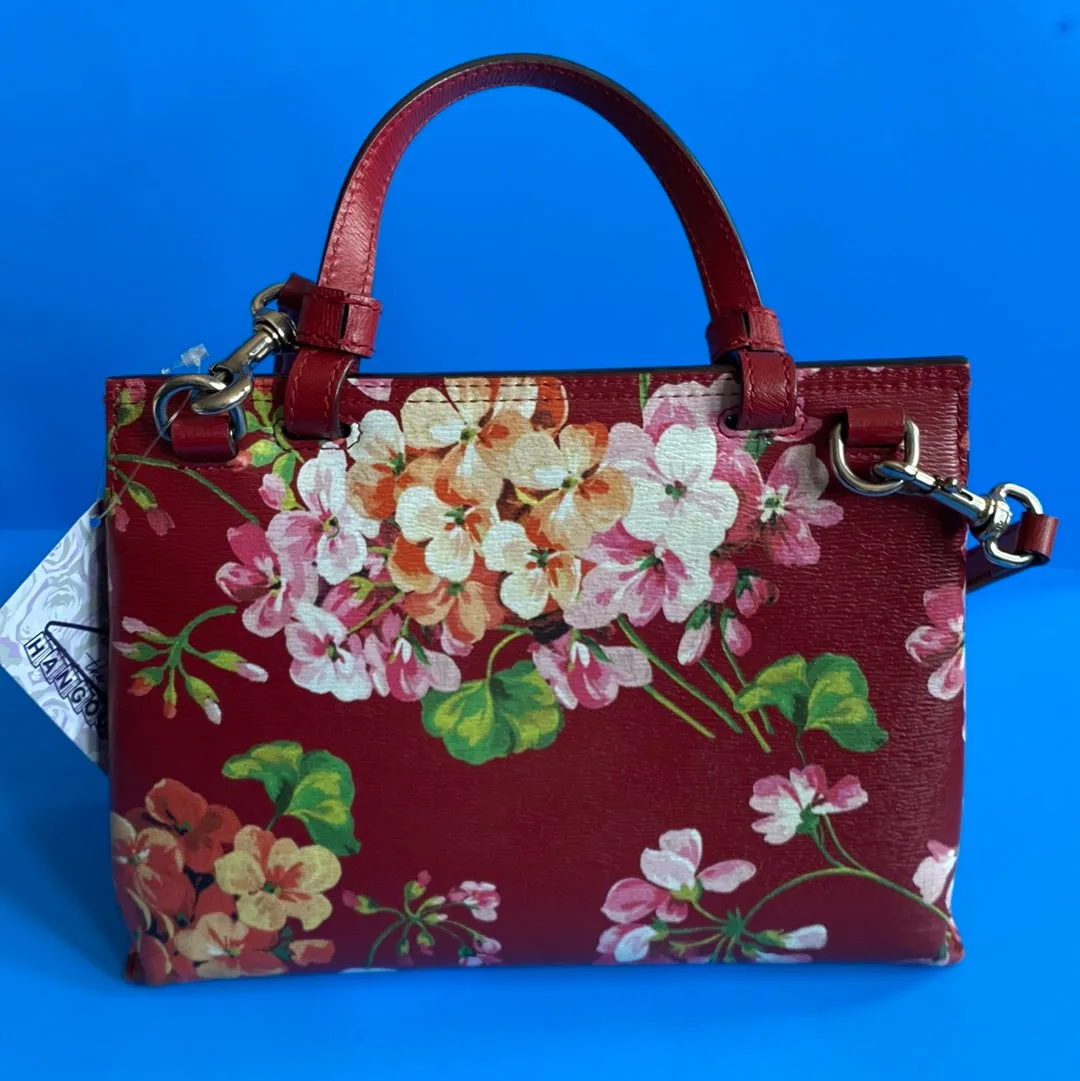 Gucci Red Blooms Printed Leather Bamboo Daily Top Handle Bag