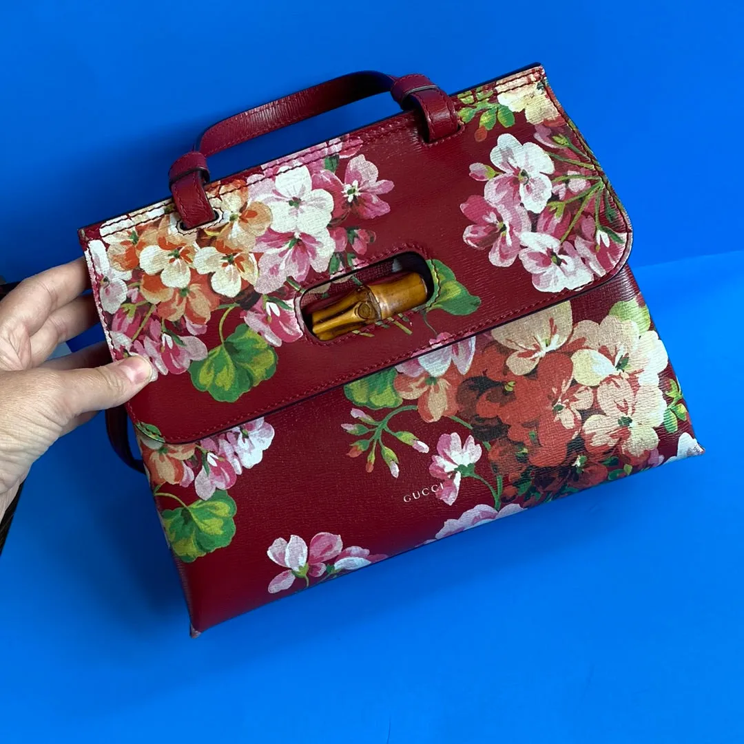 Gucci Red Blooms Printed Leather Bamboo Daily Top Handle Bag