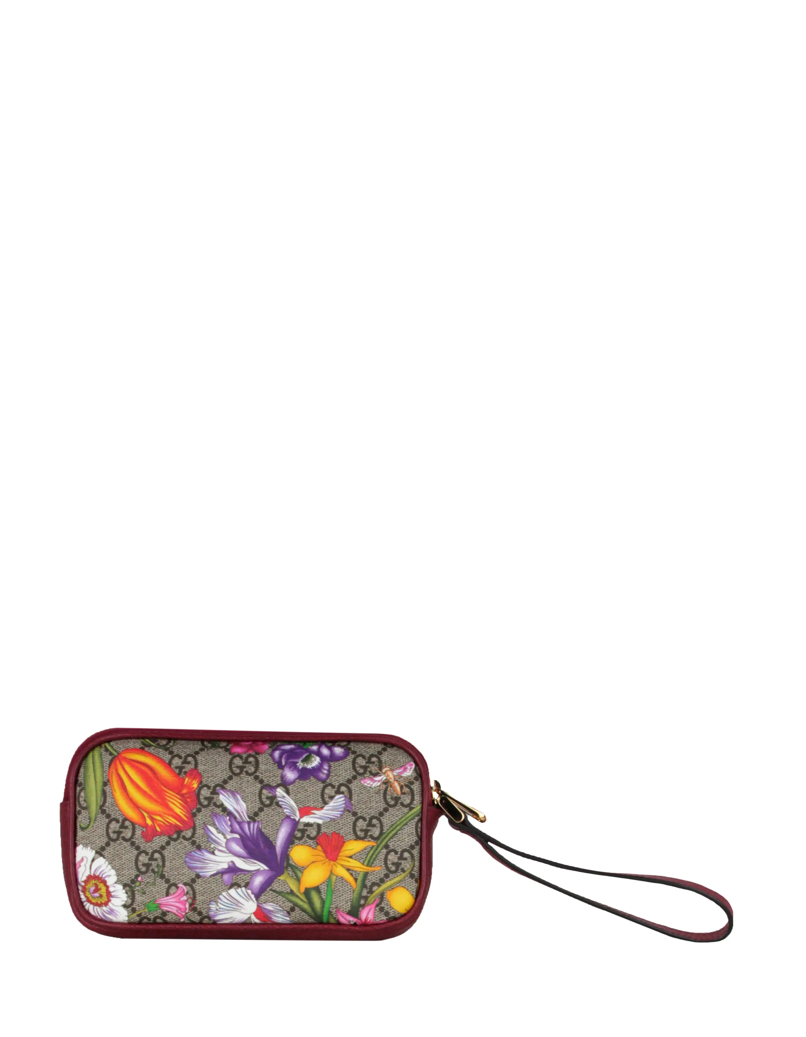 Gucci Red Leather Floral Printed GG Monogram Ophidia Wristlet Bag
