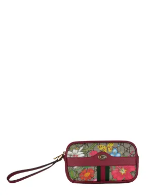 Gucci Red Leather Floral Printed GG Monogram Ophidia Wristlet Bag