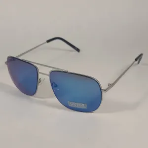 Guess Aviator Sunglasses GF0196 11X Silver Metal Frame Blue Mirror Lens Men's