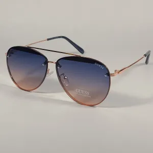 Guess Rimless Aviator Sunglasses Rose Gold Metal Frame Blue Gradient Lens GF0386 28W