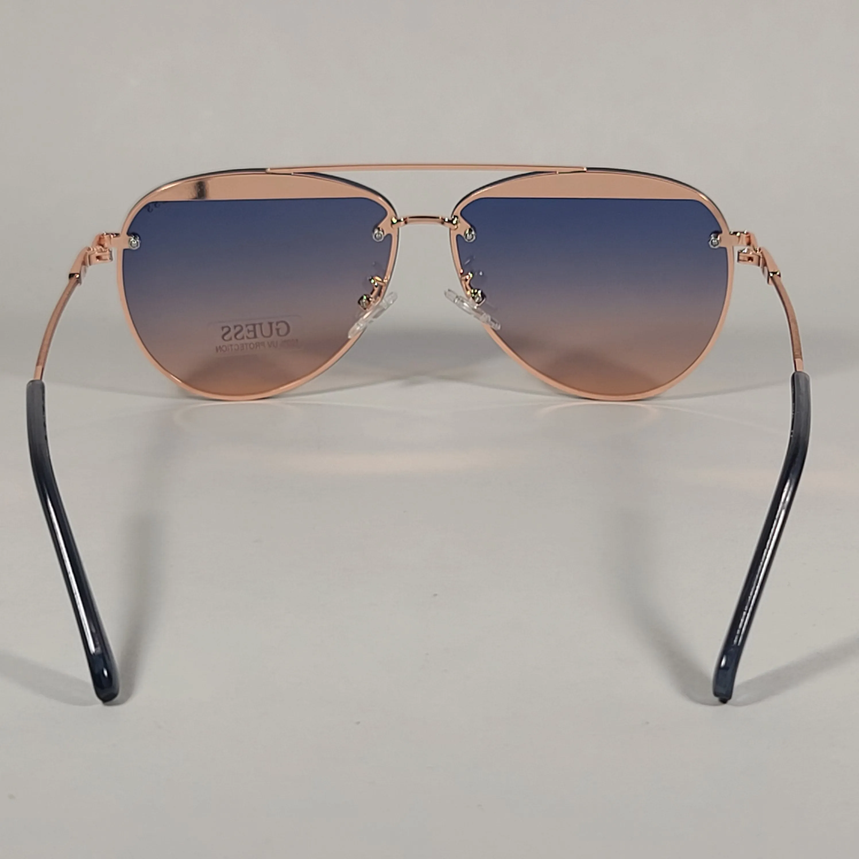 Guess Rimless Aviator Sunglasses Rose Gold Metal Frame Blue Gradient Lens GF0386 28W