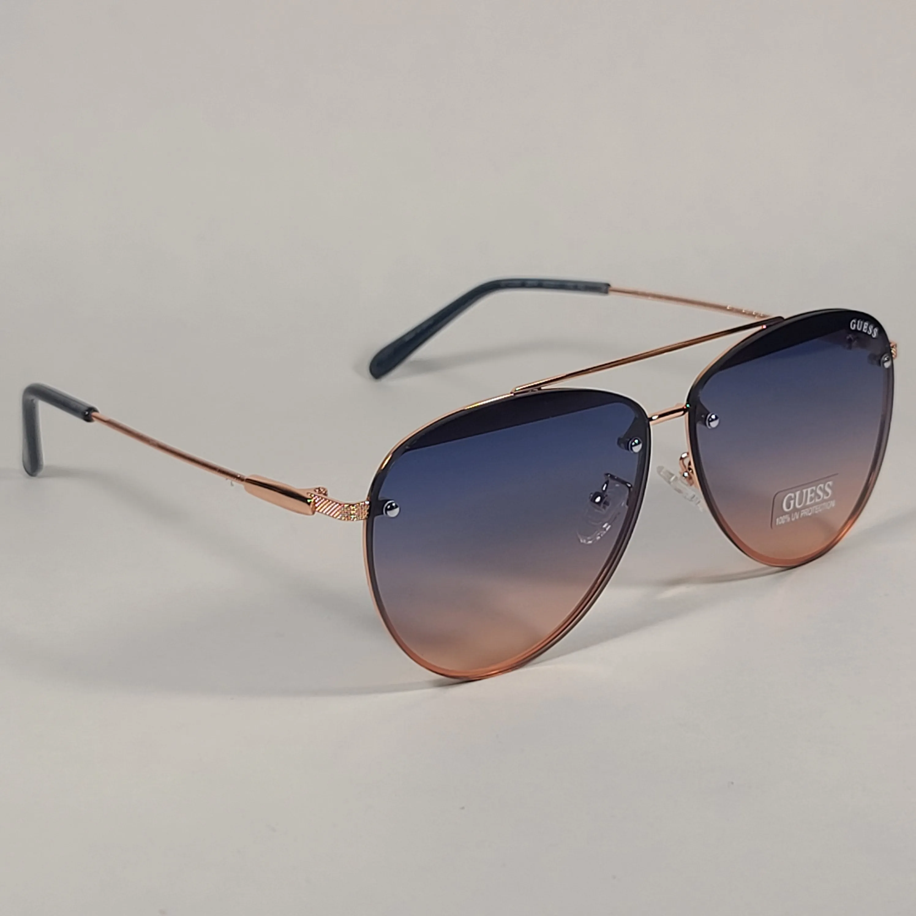 Guess Rimless Aviator Sunglasses Rose Gold Metal Frame Blue Gradient Lens GF0386 28W