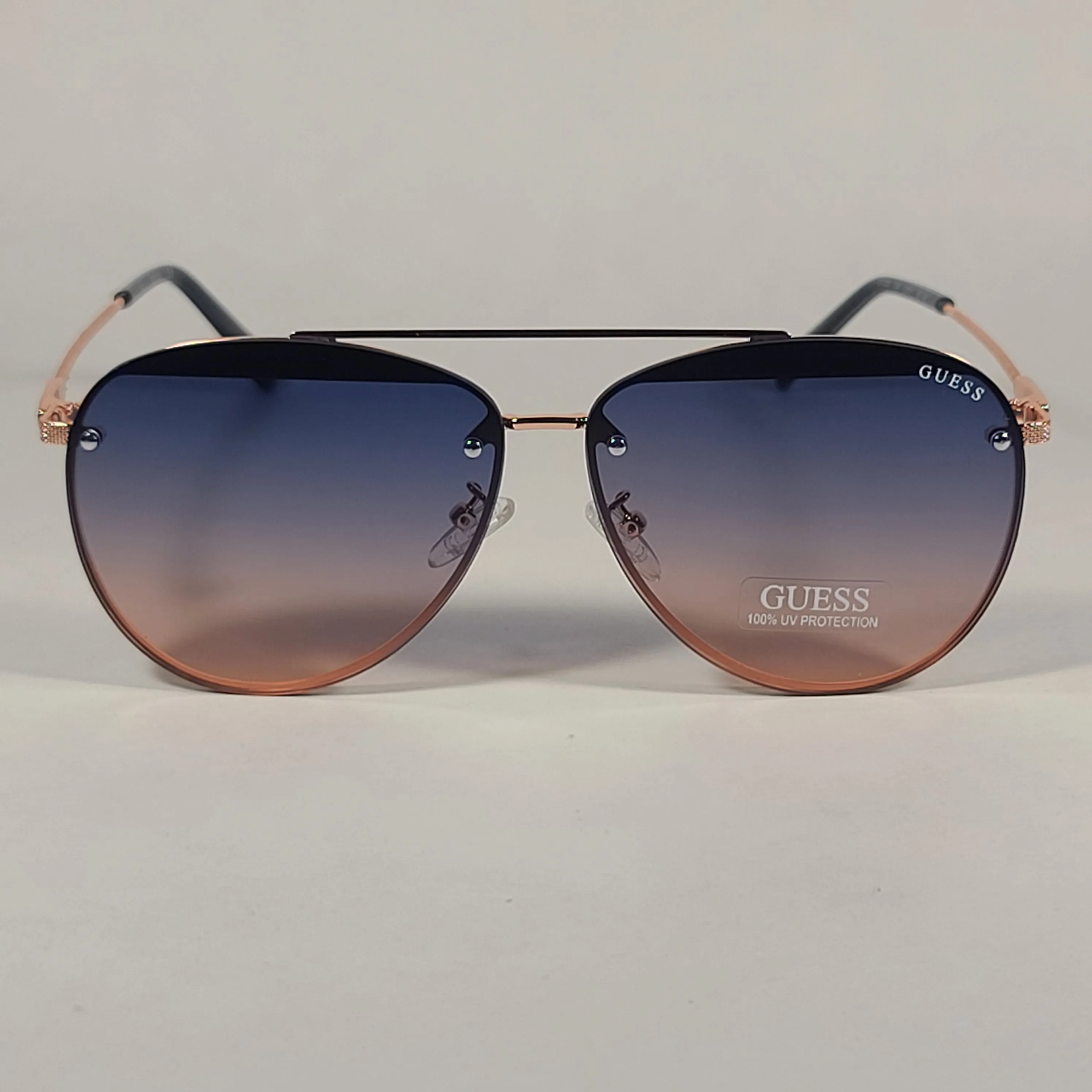Guess Rimless Aviator Sunglasses Rose Gold Metal Frame Blue Gradient Lens GF0386 28W