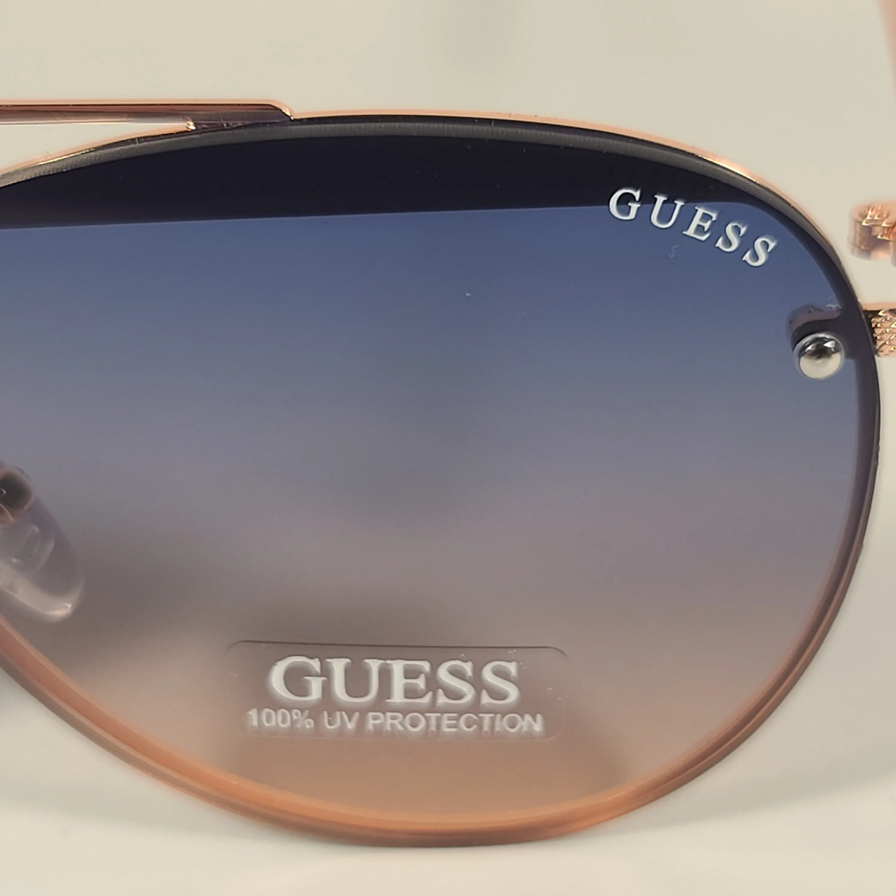 Guess Rimless Aviator Sunglasses Rose Gold Metal Frame Blue Gradient Lens GF0386 28W