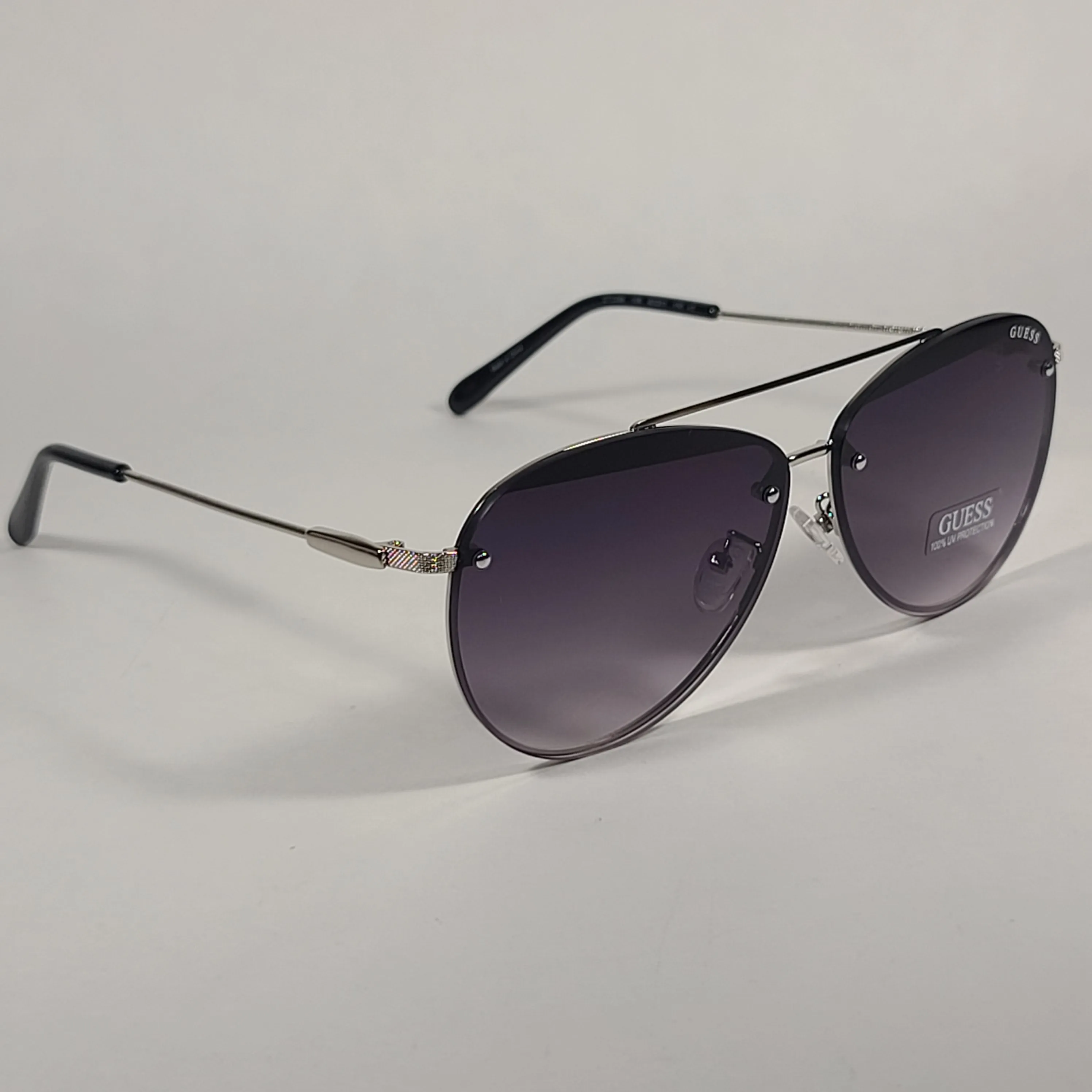 Guess Rimless Aviator Sunglasses Silver Frame Gray Gradient Lens GF0386 10B