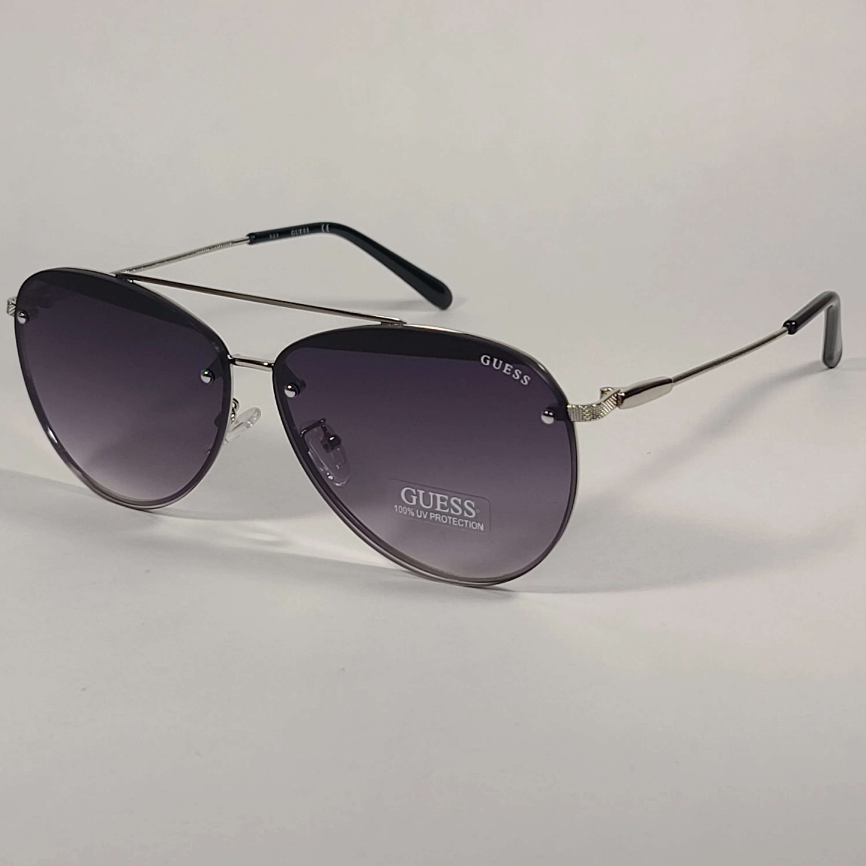 Guess Rimless Aviator Sunglasses Silver Frame Gray Gradient Lens GF0386 10B