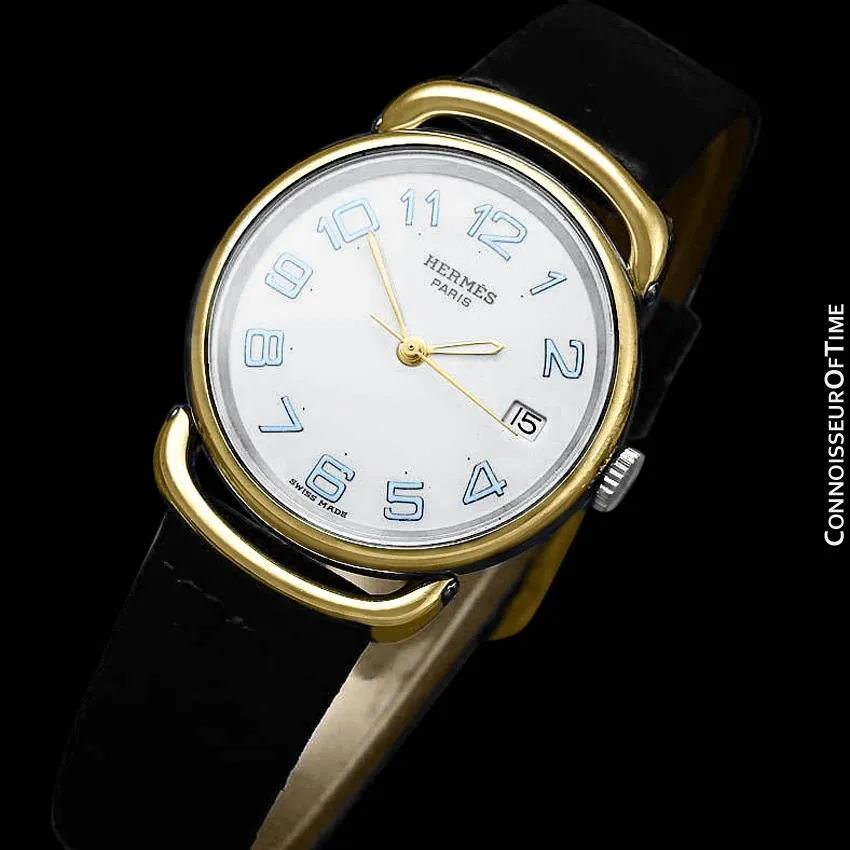 Hermes Mens Midsize Unisex Pullman Watch - 18K Gold Plated and Stainless Steel