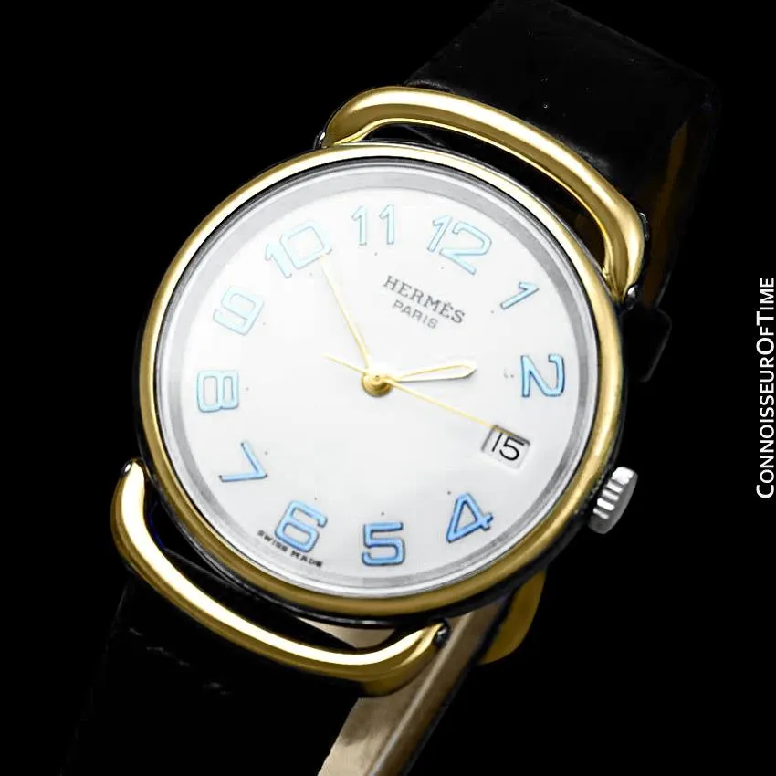 Hermes Mens Midsize Unisex Pullman Watch - 18K Gold Plated and Stainless Steel