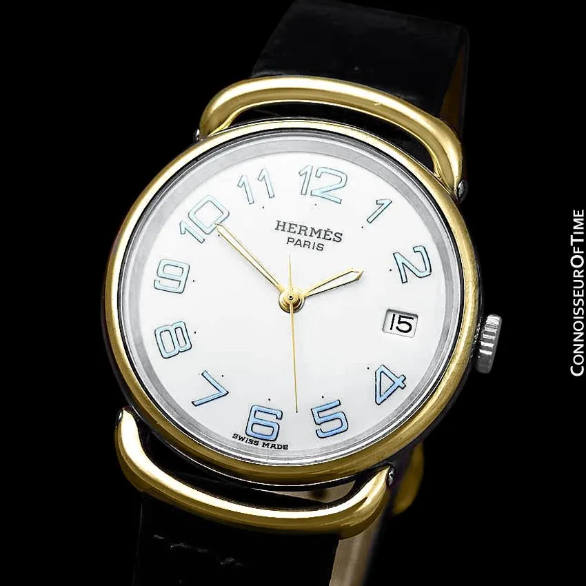 Hermes Mens Midsize Unisex Pullman Watch - 18K Gold Plated and Stainless Steel