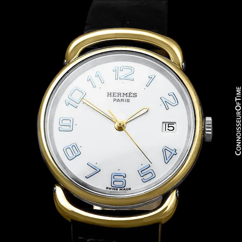 Hermes Mens Midsize Unisex Pullman Watch - 18K Gold Plated and Stainless Steel