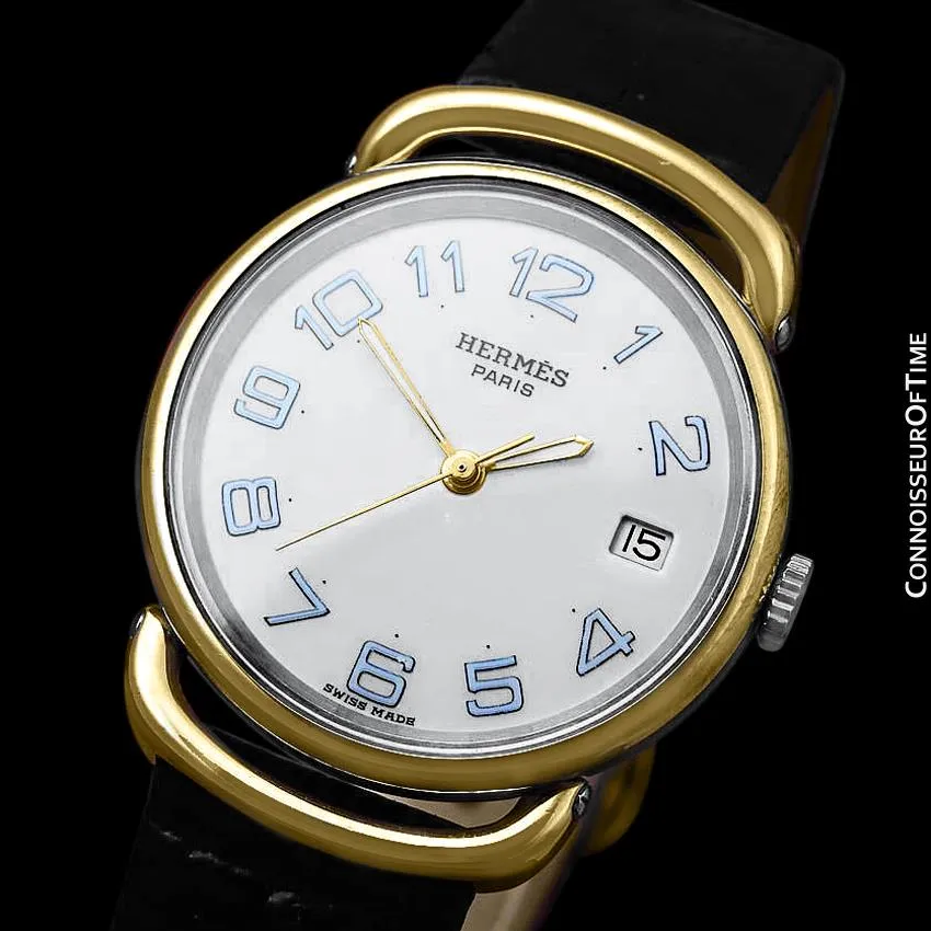 Hermes Mens Midsize Unisex Pullman Watch - 18K Gold Plated and Stainless Steel