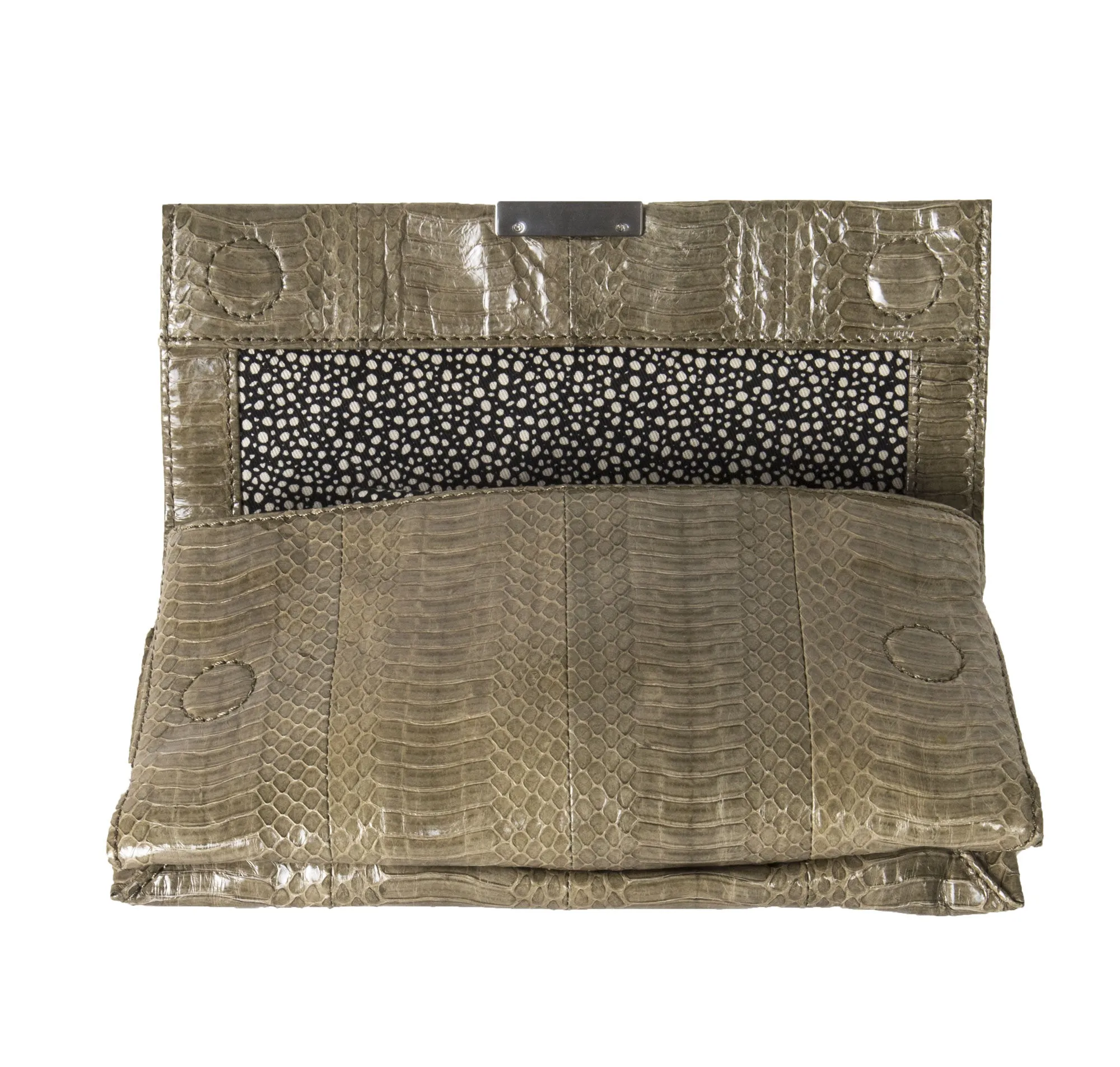 LOEFFLER RANDALL Leather Olive Snake Skin Tab Clutch with Strap $225 NWT