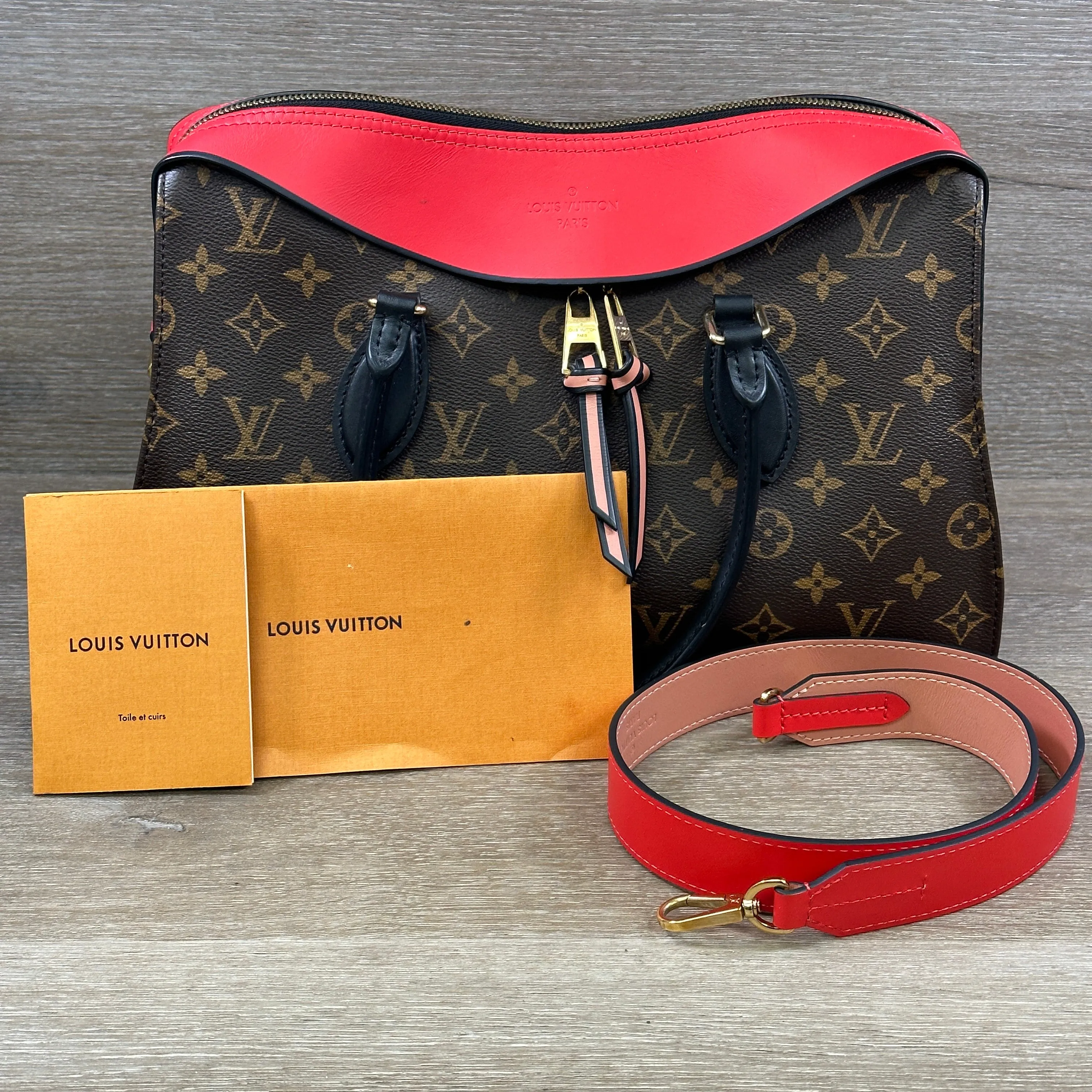 Louis Vuitton Tuileries Handbag Monogram Canvas with Red Leather