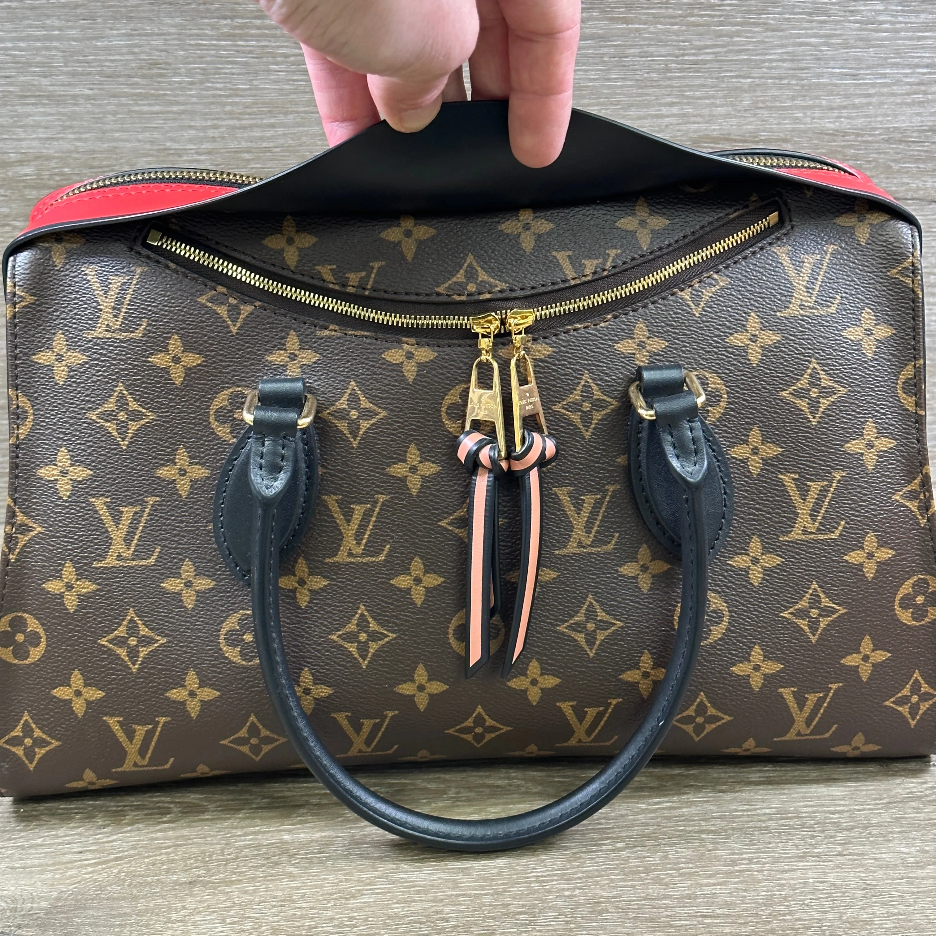 Louis Vuitton Tuileries Handbag Monogram Canvas with Red Leather