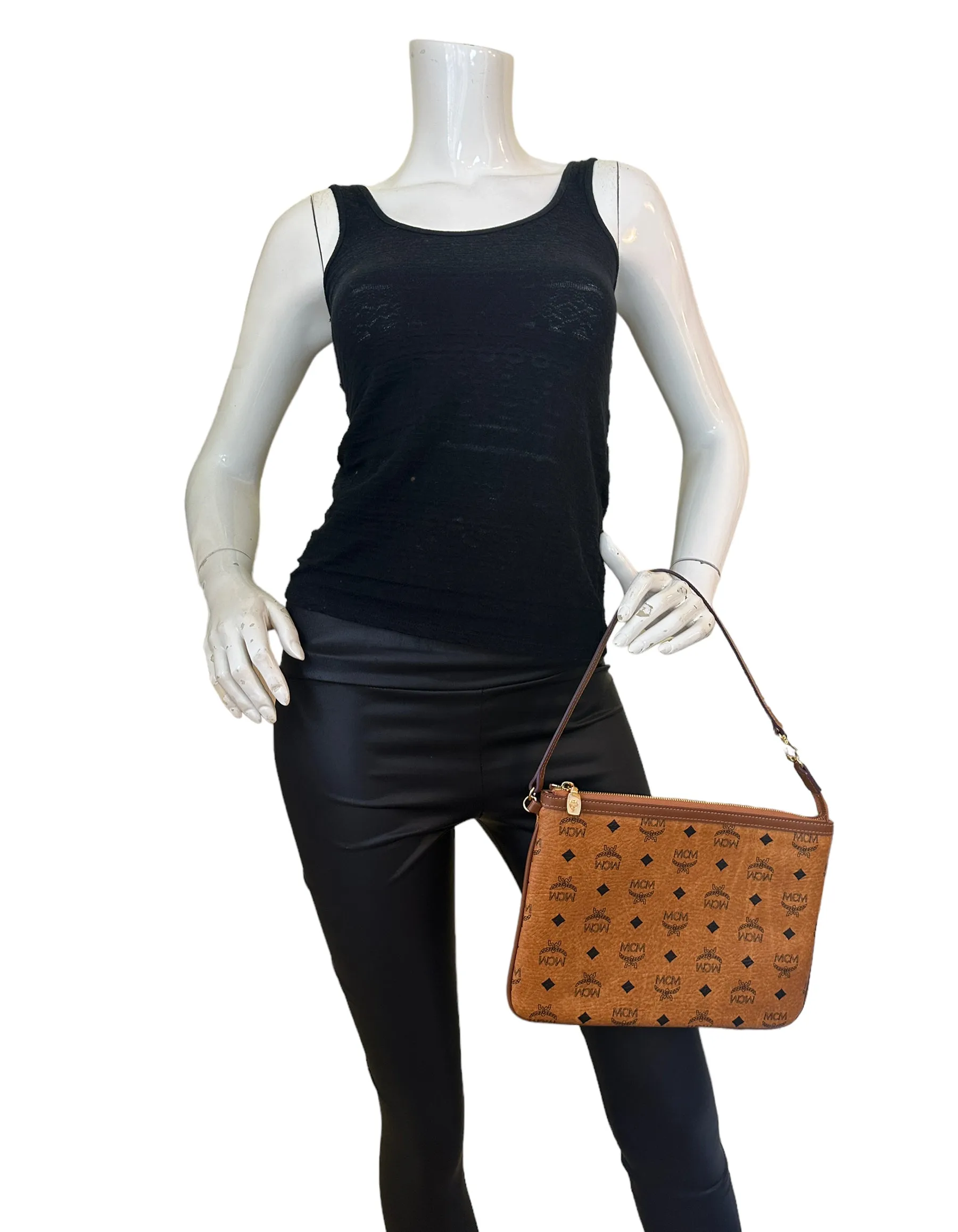 MCM Tan Visetos Monogram Pouch Bag