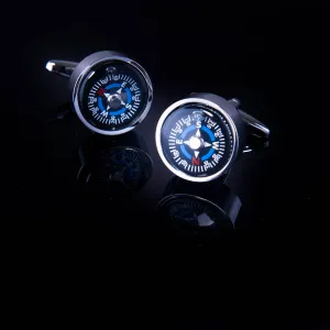 Men's Stainless Steel Silver with Black Compass (Fully Functional) Cufflinks with Box