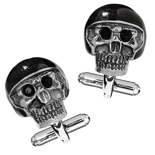 Moto Skull Cufflinks with Black Helmet and Crystal Eyes
