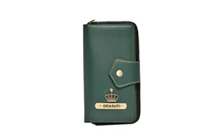 Personalised Zip Around Lady Wallet | Embossed with Name & Charm (Olive Green)
