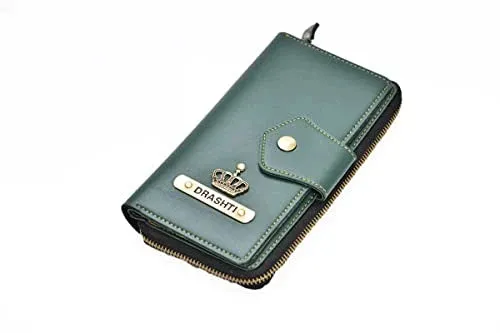 Personalised Zip Around Lady Wallet | Embossed with Name & Charm (Olive Green)