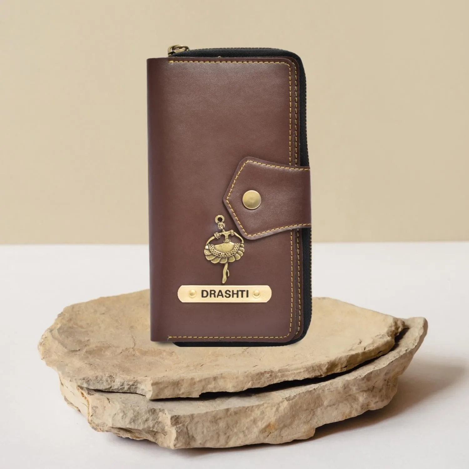 Personalized Zip-around Lady Wallet - Brown