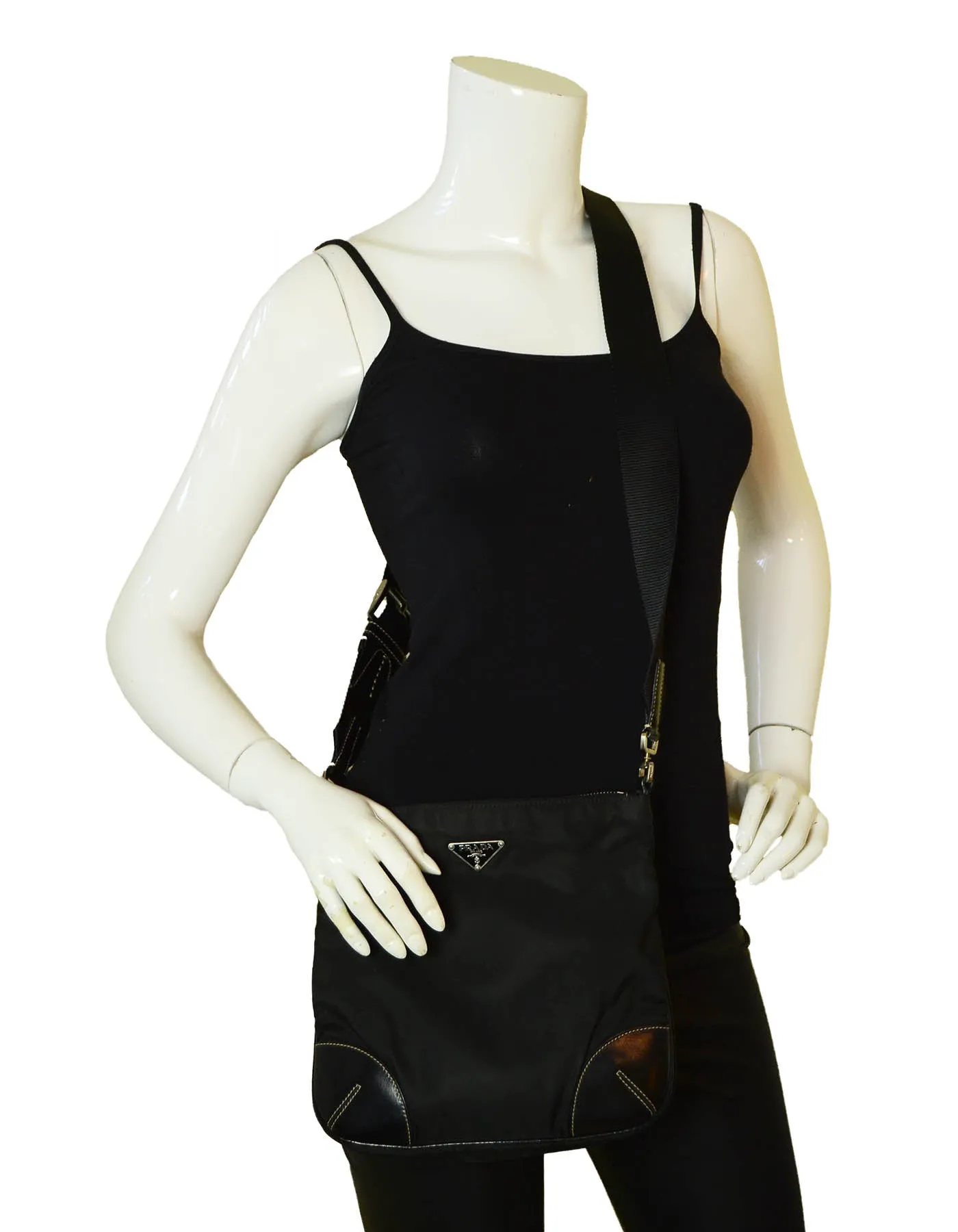 Prada Black Flat Tessuto Nylon Crossbody Bag w/ Leather Trim