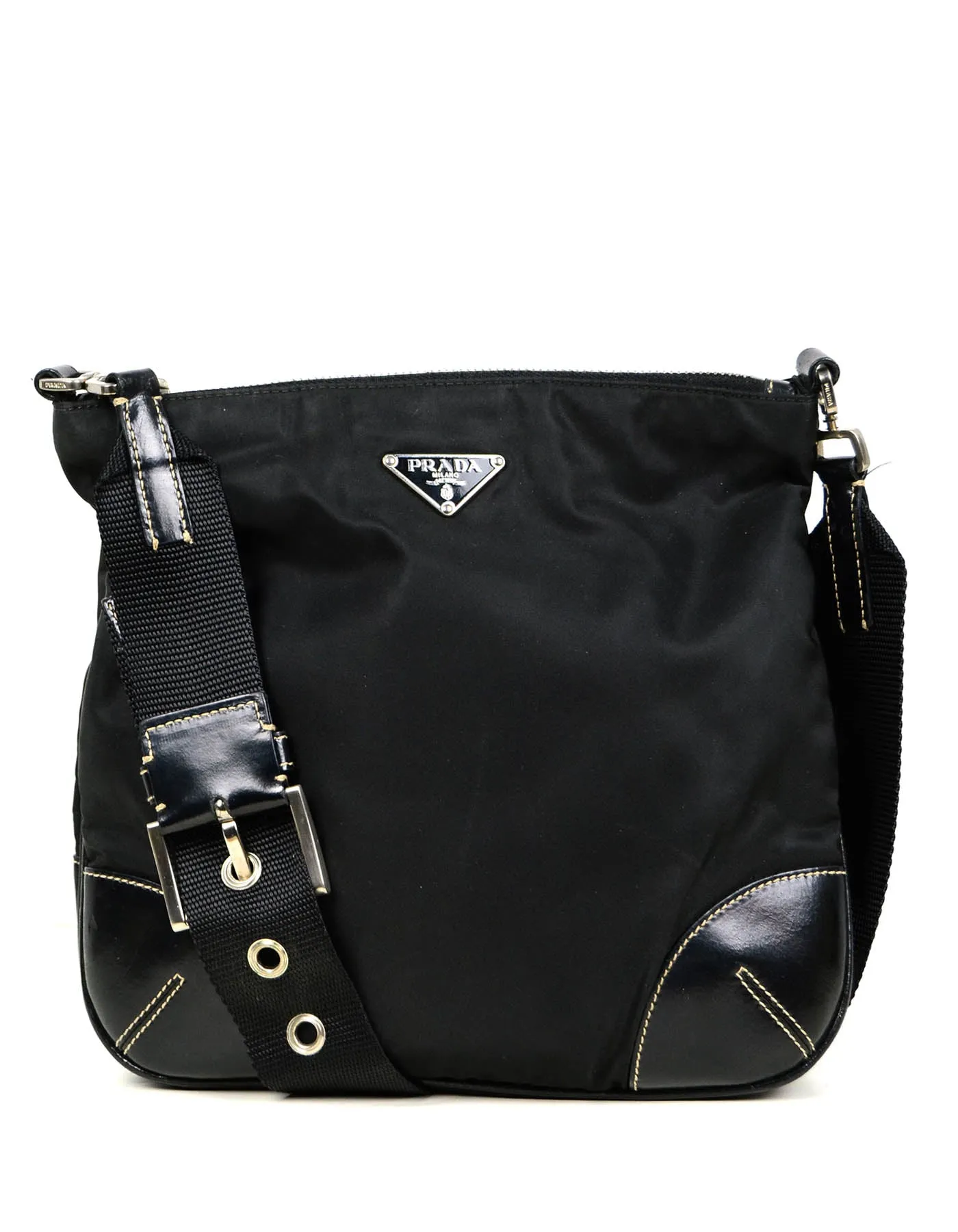 Prada Black Flat Tessuto Nylon Crossbody Bag w/ Leather Trim