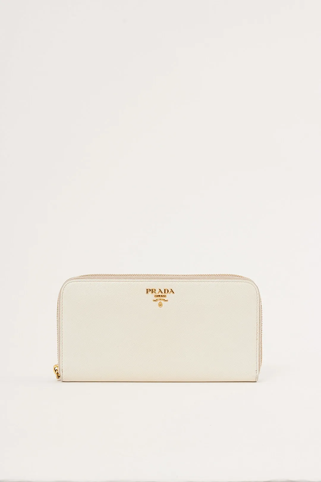 Prada Off White Saffiano Leather Zippy Wallet