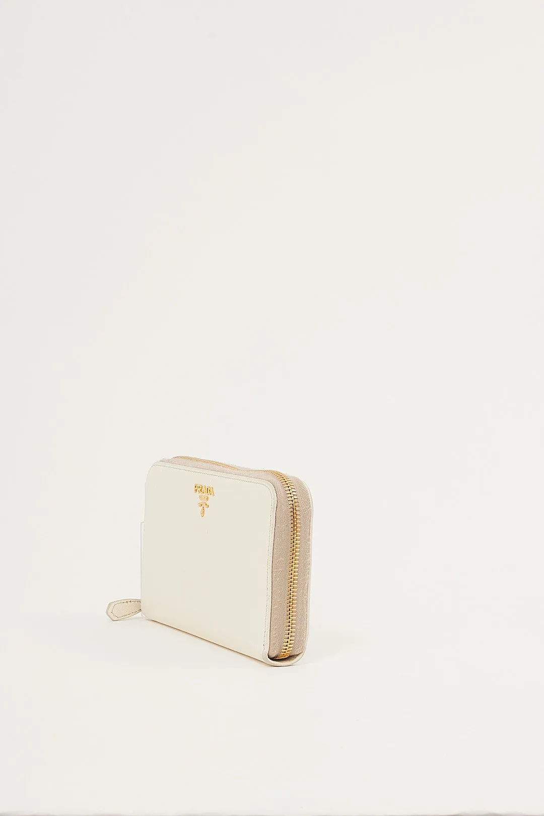 Prada Off White Saffiano Leather Zippy Wallet