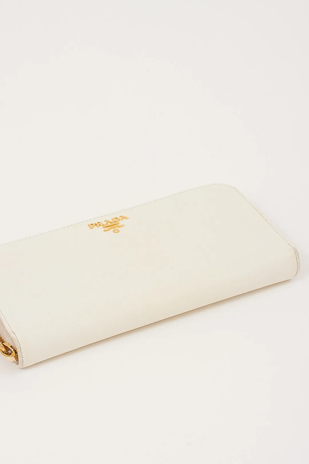 Prada Off White Saffiano Leather Zippy Wallet