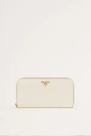 Prada Off White Saffiano Leather Zippy Wallet