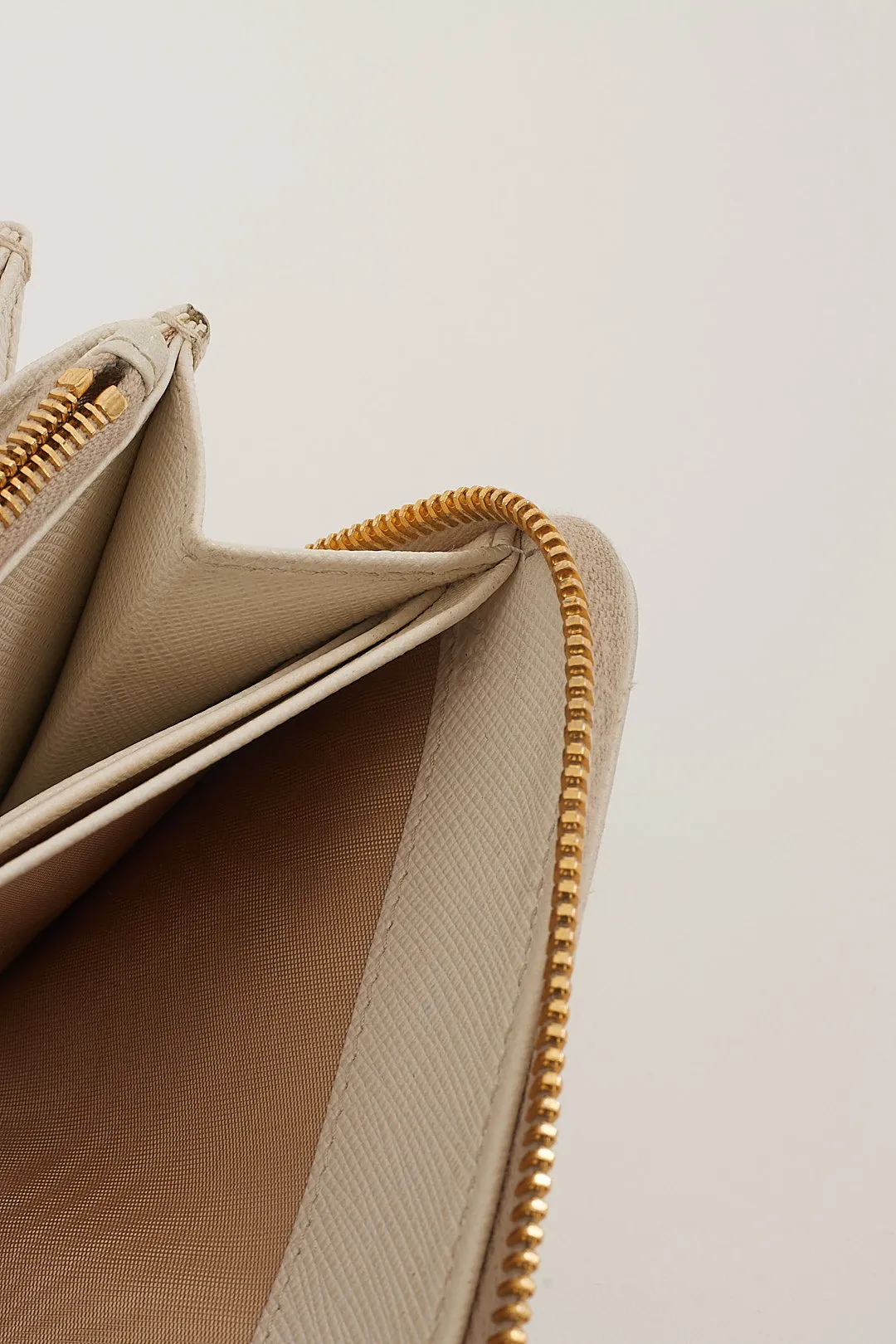 Prada Off White Saffiano Leather Zippy Wallet