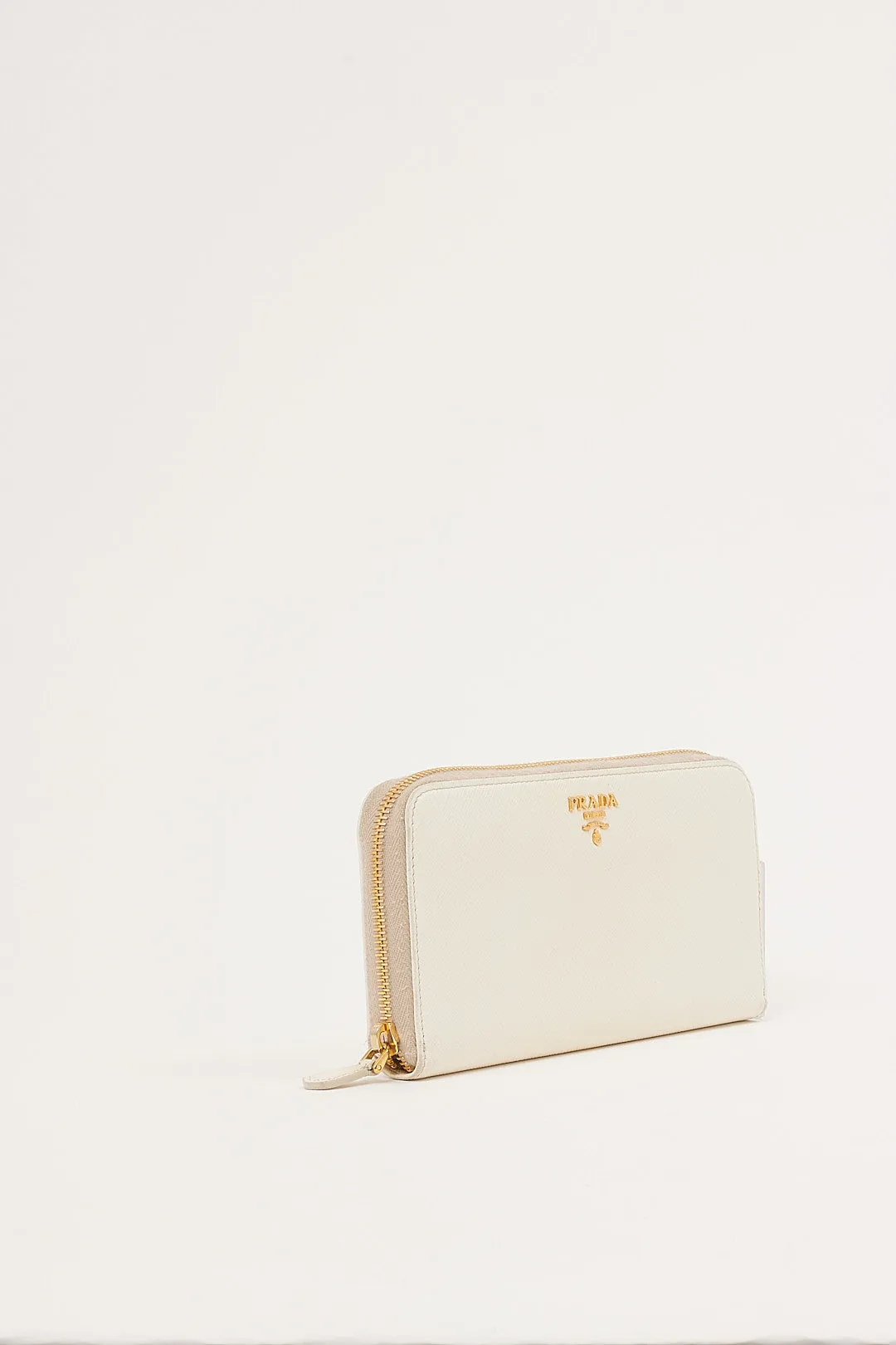 Prada Off White Saffiano Leather Zippy Wallet